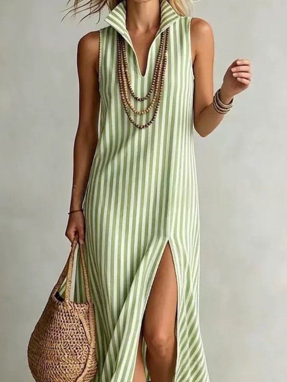 Women's Striped Stand Collar Side-Slit Camisole Maxi Dress